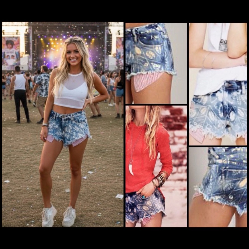 Free People Shibori Tribal Bleach Wash Frayed Hem Micro Denim Shorts Size 28
